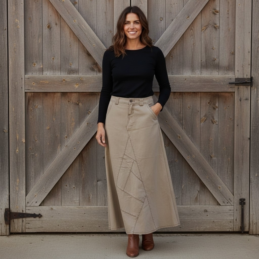 Maurices Y2K Taupe Maxi Skirt with Decorative Topstitching And Patchwork Details